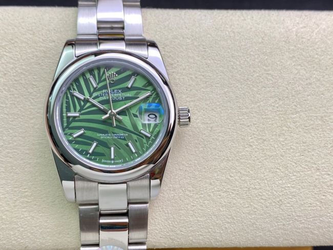 ロレックスコピー・デイトジャスト（DATEJUST）31mm 279160R“全ステンレススチール仕様＋フラットベゼル＋バーインデックス＋グリーンパームダイヤル” レディース専用モデル