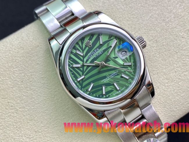 ロレックスコピー・デイトジャスト（DATEJUST）31mm 279160R“全ステンレススチール仕様＋フラットベゼル＋バーインデックス＋グリーンパームダイヤル” レディース専用モデル