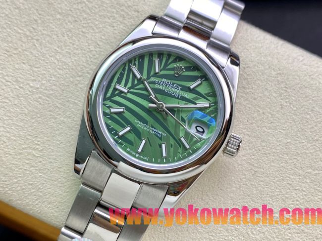 ロレックスコピー・デイトジャスト（DATEJUST）31mm 279160R“全ステンレススチール仕様＋フラットベゼル＋バーインデックス＋グリーンパームダイヤル” レディース専用モデル
