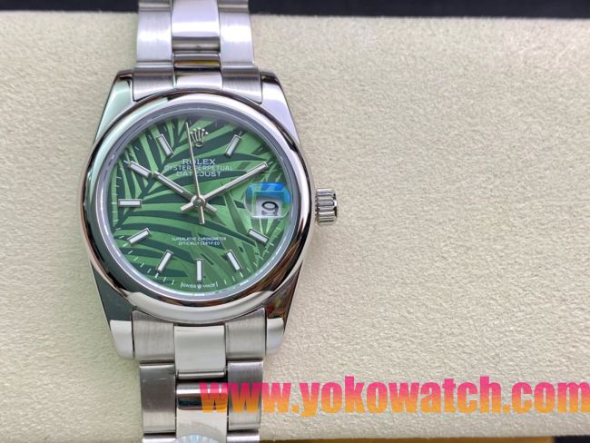 ロレックスコピー・デイトジャスト（DATEJUST）31mm 279160R“全ステンレススチール仕様＋フラットベゼル＋バーインデックス＋グリーンパームダイヤル” レディース専用モデル