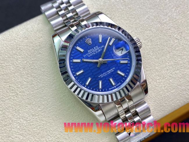 ロレックスコピー・デイトジャスト（DATEJUST）31mm 279160R“全ステンレススチール仕様＋三角坑紋ベゼル＋バーインデックス＋ブルーハニカムダイヤル” レディース専用モデル