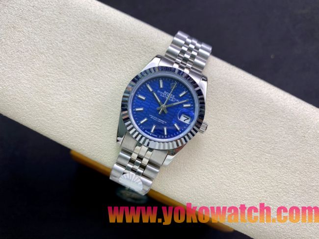 ロレックスコピー・デイトジャスト（DATEJUST）31mm 279160R“全ステンレススチール仕様＋三角坑紋ベゼル＋バーインデックス＋ブルーハニカムダイヤル” レディース専用モデル