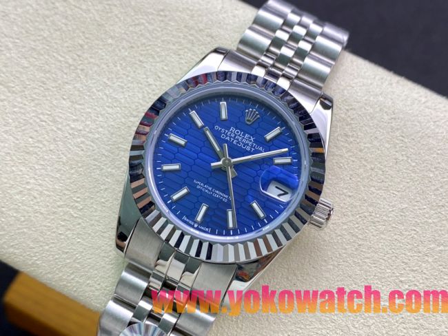 ロレックスコピー・デイトジャスト（DATEJUST）31mm 279160R“全ステンレススチール仕様＋三角坑紋ベゼル＋バーインデックス＋ブルーハニカムダイヤル” レディース専用モデル