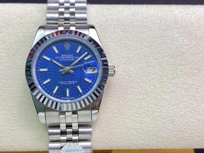 ロレックスコピー・デイトジャスト（DATEJUST）31mm 279160R“全ステンレススチール仕様＋三角坑紋ベゼル＋バーインデックス＋ブルーハニカムダイヤル” レディース専用モデル