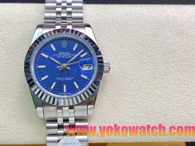 ロレックスコピー・デイトジャスト（DATEJUST）31mm 279160R“全ステンレススチール仕様＋三角坑紋ベゼル＋バーインデックス＋ブルーハニカムダイヤル” レディース専用モデル
