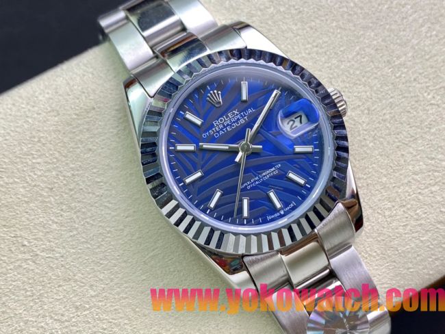 ロレックスコピー・デイトジャスト（DATEJUST）31mm 279160R“全ステンレススチール仕様＋三角坑紋ベゼル＋バーインデックス＋ブルーパームダイヤル” レディース専用モデル