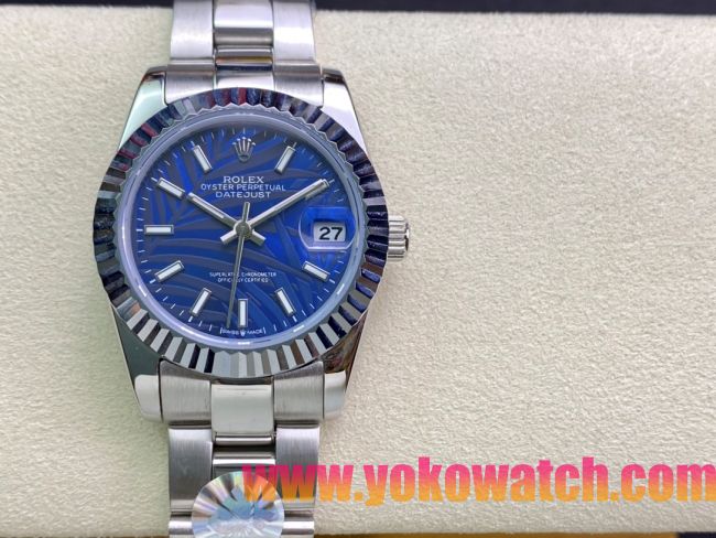 ロレックスコピー・デイトジャスト（DATEJUST）31mm 279160R“全ステンレススチール仕様＋三角坑紋ベゼル＋バーインデックス＋ブルーパームダイヤル” レディース専用モデル