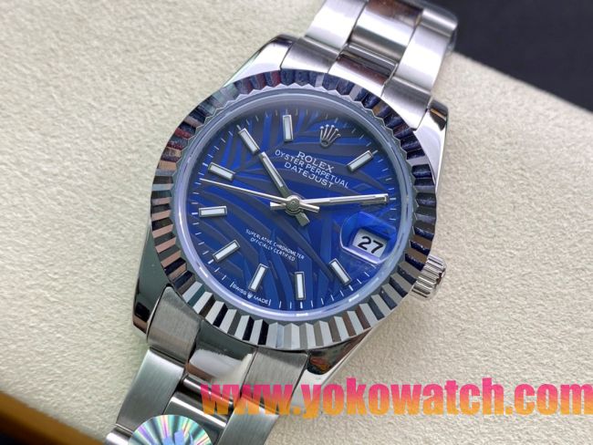 ロレックスコピー・デイトジャスト（DATEJUST）31mm 279160R“全ステンレススチール仕様＋三角坑紋ベゼル＋バーインデックス＋ブルーパームダイヤル” レディース専用モデル
