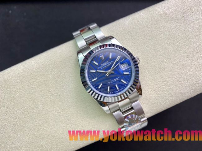 ロレックスコピー・デイトジャスト（DATEJUST）31mm 279160R“全ステンレススチール仕様＋三角坑紋ベゼル＋バーインデックス＋ブルーパームダイヤル” レディース専用モデル