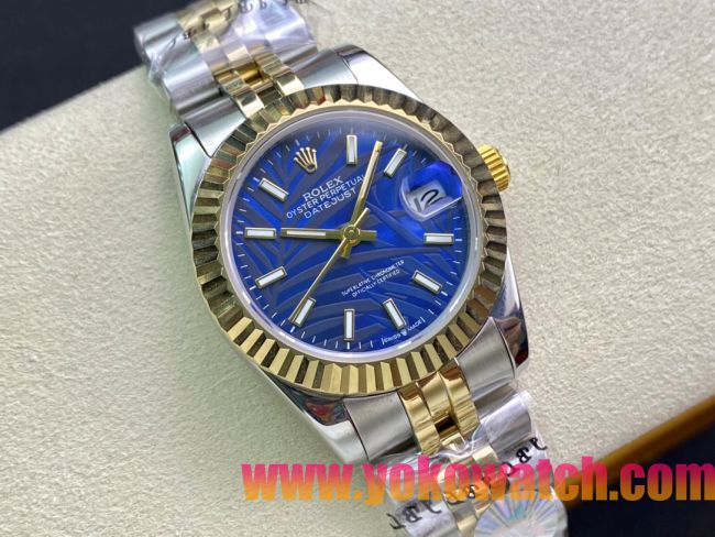 ロレックスコピー・デイトジャスト（DATEJUST）31mm 279160R“イエローゴールドベゼル＋ブルーパームダイヤル” レディース専用モデル