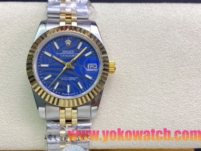ロレックスコピー・デイトジャスト（DATEJUST）31mm 279160R“イエローゴールドベゼル＋ブルーパームダイヤル” レディース専用モデル