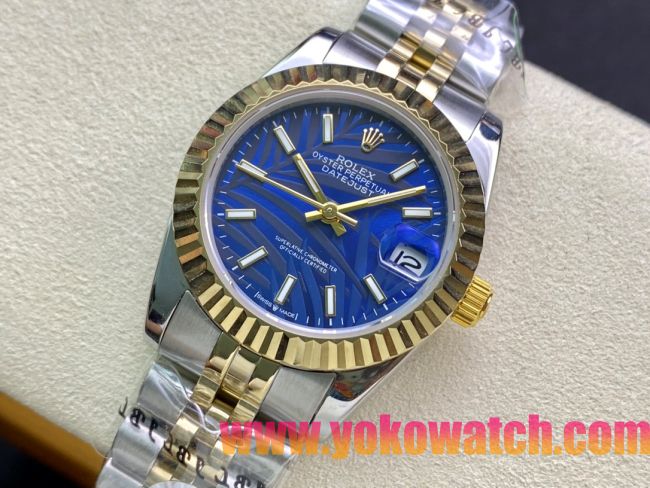 ロレックスコピー・デイトジャスト（DATEJUST）31mm 279160R“イエローゴールドベゼル＋ブルーパームダイヤル” レディース専用モデル