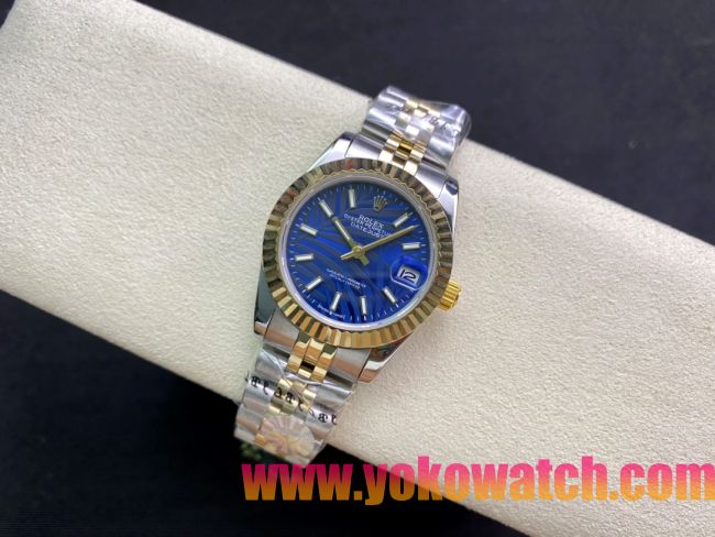ロレックスコピー・デイトジャスト（DATEJUST）31mm 279160R“イエローゴールドベゼル＋ブルーパームダイヤル” レディース専用モデル