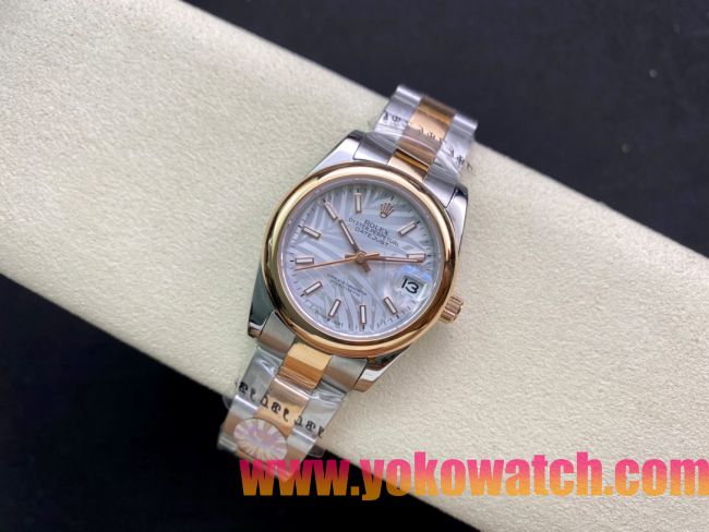 ロレックスコピー・デイトジャスト（DATEJUST）31mm 279160R“ローズゴールドベゼル＋ホワイトパームダイヤル” レディース専用モデル