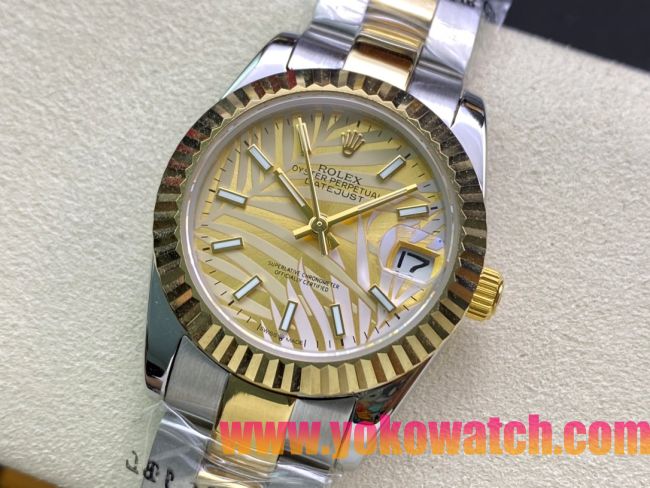 ロレックスコピー・デイトジャスト（DATEJUST）31mm 279160R“イエローゴールドベゼル＋イエローパームダイヤル” レディース専用モデル