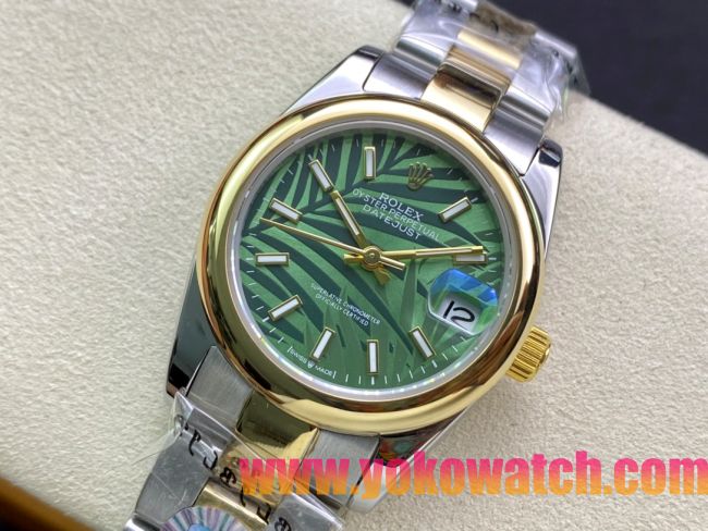 ロレックスコピー・デイトジャスト（DATEJUST）31mm 279160R“イエローゴールドベゼル＋グリーンパームダイヤル” レディース専用モデル