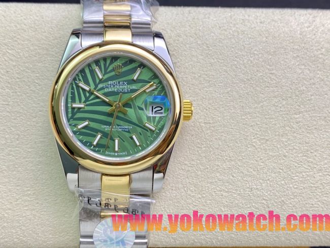 ロレックスコピー・デイトジャスト（DATEJUST）31mm 279160R“イエローゴールドベゼル＋グリーンパームダイヤル” レディース専用モデル