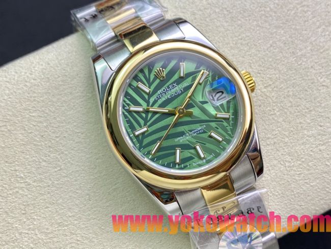 ロレックスコピー・デイトジャスト（DATEJUST）31mm 279160R“イエローゴールドベゼル＋グリーンパームダイヤル” レディース専用モデル