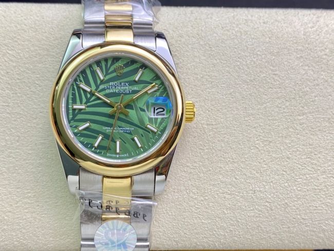 ロレックスコピー・デイトジャスト（DATEJUST）31mm 279160R“イエローゴールドベゼル＋グリーンパームダイヤル” レディース専用モデル