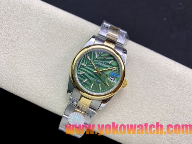 ロレックスコピー・デイトジャスト（DATEJUST）31mm 279160R“イエローゴールドベゼル＋グリーンパームダイヤル” レディース専用モデル