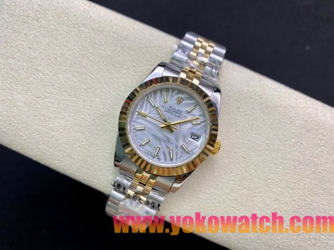 ロレックスコピー・デイトジャスト（DATEJUST）31mm 279160R“イエローゴールドベゼル＋ホワイトパームダイヤル” レディース専用モデル