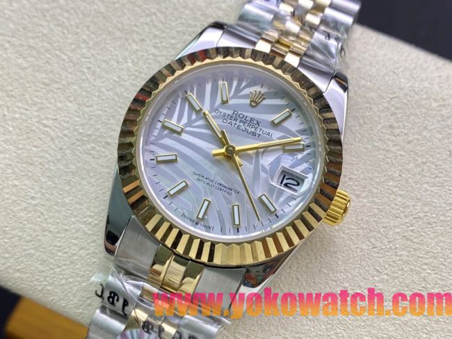 ロレックスコピー・デイトジャスト（DATEJUST）31mm 279160R“イエローゴールドベゼル＋ホワイトパームダイヤル” レディース専用モデル