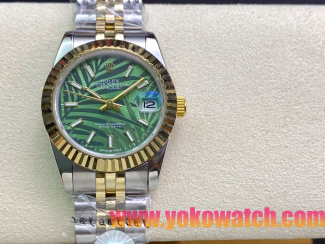 ロレックスコピー・デイトジャスト（DATEJUST）31mm 279160R“イエローゴールドベゼル＋グリーンパームダイヤル” レディース専用モデル