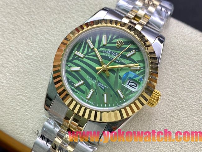 ロレックスコピー・デイトジャスト（DATEJUST）31mm 279160R“イエローゴールドベゼル＋グリーンパームダイヤル” レディース専用モデル