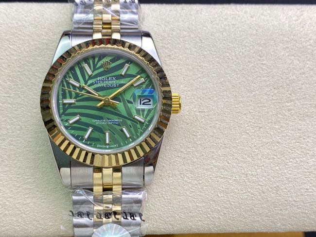 ロレックスコピー・デイトジャスト（DATEJUST）31mm 279160R“イエローゴールドベゼル＋グリーンパームダイヤル” レディース専用モデル