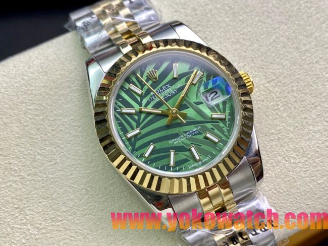 ロレックスコピー・デイトジャスト（DATEJUST）31mm 279160R“イエローゴールドベゼル＋グリーンパームダイヤル” レディース専用モデル