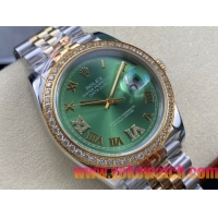 ロレックスコピー デイトジャスト 36mm 126234“エメラルドグリーンダイヤル・ローマ数字インデックス・ツートーン（SS＋18Kイエローゴールド）・ダイヤモンドベゼル仕様” ユニセックスモデル