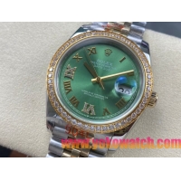 ロレックスコピー デイトジャスト 36mm 126234“エメラルドグリーンダイヤル・ローマ数字インデックス・ツートーン（SS＋18Kイエローゴールド）・ダイヤモンドベゼル仕様” ユニセックスモデル