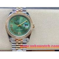 ロレックスコピー デイトジャスト 36mm 126234“エメラルドグリーンダイヤル・ローマ数字インデックス・ツートーン（SS＋18Kイエローゴールド）・ダイヤモンドベゼル仕様” ユニセックスモデル