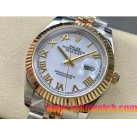 ロレックスコピー デイトジャスト 41mm 126333“ホワイト文字盤・ローマ数字インデックス・イエローゴールドベゼル＆リューズ・904Lステンレス仕様” ユニセックスモデル
