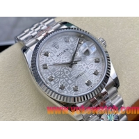 ロレックスコピー デイトジャスト 36mm 126234“シルバー文字盤・ダイヤモンドインデックス・グレイン模様（マイクロパターン）文字盤・ツートーン双頭粒帯仕様・904Lステンレス仕様” ユニセックスモデル  