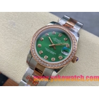 ロレックスコピー デイトジャスト 31mm 279178“グリーンマザーオブパール文字盤・10石ダイヤモンドインデックス＋ダイヤモンドベゼル＋コンビ（904Lステンレス＋18Kイエローゴールド）ケース／ブレスレット” レディース専用モデル 