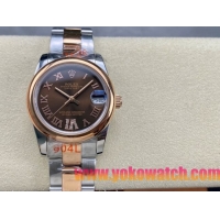ロレックスコピー デイトジャスト 31mm 279173“ブラウンマザーオブパール文字盤・ローマ数字インデックス＋18Kイエローゴールドベゼル＋コンビ（904Lステンレス＋18KYG）ケース／ブレスレット” レディース専用モデル  