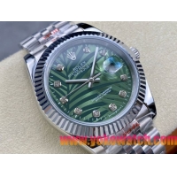 ロレックスコピー デイトジャスト 41mm 126234“グリーン・パームリーフ文字盤・ダイヤモンドインデックス＋三角坑紋ベゼル（リングコマンド機能搭載）＋双頭粒ブレスレット” メンズ専用モデル