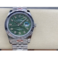 ロレックスコピー デイトジャスト 41mm 126234“グリーン・パームリーフ文字盤・ダイヤモンドインデックス＋三角坑紋ベゼル（リングコマンド機能搭載）＋双頭粒ブレスレット” メンズ専用モデル