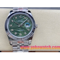 ロレックスコピー デイトジャスト 41mm 126234“グリーン・パームリーフ文字盤・ダイヤモンドインデックス＋三角坑紋ベゼル（リングコマンド機能搭載）＋双頭粒ブレスレット” メンズ専用モデル