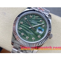 ロレックスコピー デイトジャスト 41mm 126234“グリーン・パームリーフ文字盤・ダイヤモンドインデックス＋三角坑紋ベゼル（リングコマンド機能搭載）＋双頭粒ブレスレット” メンズ専用モデル