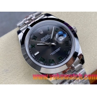 ロレックスコピー デイトジャスト 126234 41mm “ダークグレー文字盤・グリーンローマ数字インデックス＋平滑ベゼル（リングコマンド機能搭載）＋双頭粒ブレスレット” メンズ専用モデル