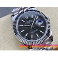 ロレックスコピー デイトジャスト 41mm 126234“ブラック文字盤・バトンインデックス＋三角坑紋ベゼル（リングコマンド機能搭載）＋双頭粒ブレスレット” メンズ専用モデル 