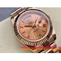 ロレックスコピー デイデイト 40mm 228235“ローズゴールド文字盤・ローマ数字インデックス＋リングコマンド機能搭載三角坑紋ベゼル（光圈）＋ブレスレット” メンズ専用モデル
