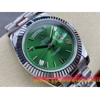 ロレックスコピー デイデイト 40mm 228206“グリーン文字盤・ローマ数字インデックス＋リングコマンド機能搭載三角坑紋ベゼル（光圈）＋ブレスレット” メンズ専用モデル
