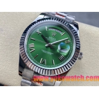 ロレックスコピー デイデイト 40mm 228206“グリーン文字盤・ローマ数字インデックス＋リングコマンド機能搭載三角坑紋ベゼル（光圈）＋ブレスレット” メンズ専用モデル