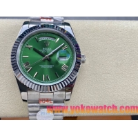 ロレックスコピー デイデイト 40mm 228206“グリーン文字盤・ローマ数字インデックス＋リングコマンド機能搭載三角坑紋ベゼル（光圈）＋ブレスレット” メンズ専用モデル