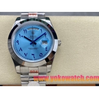 ロレックスコピー デイデイト（Day-Date）40mm 228206“スカイブルー文字盤・アラビア数字インデックス＋リングコマンド機能搭載三角坑紋ベゼル（光圈）＋ブレスレット” メンズ専用モデル