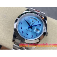 ロレックスコピー デイデイト（Day-Date）40mm 228206“スカイブルー文字盤・アラビア数字インデックス＋リングコマンド機能搭載三角坑紋ベゼル（光圈）＋ブレスレット” メンズ専用モデル