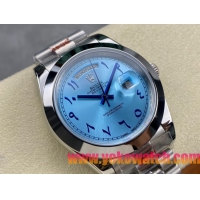 ロレックスコピー デイデイト（Day-Date）40mm 228206“スカイブルー文字盤・アラビア数字インデックス＋リングコマンド機能搭載三角坑紋ベゼル（光圈）＋ブレスレット” メンズ専用モデル